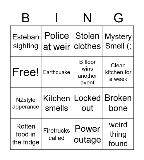 B floor Bingo (august onwards) Bingo Card