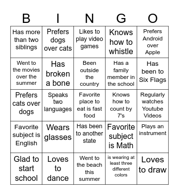 Get to Know Each Other Bingo Card