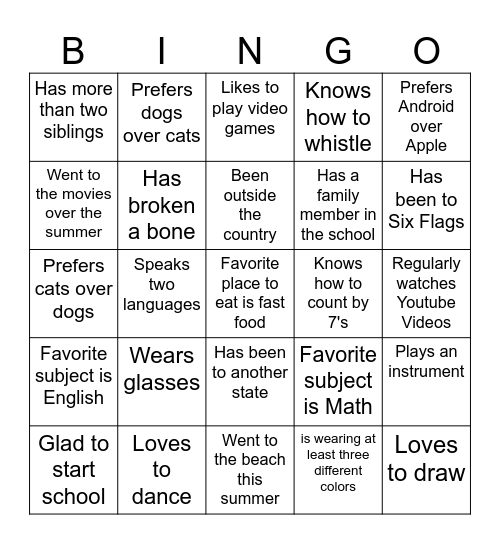 Get to Know Each Other Bingo Card