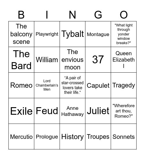 Romeo and Juliet Bingo Card