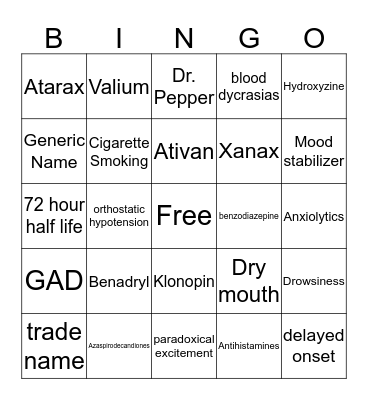 Antianxiety Medications Bingo Card