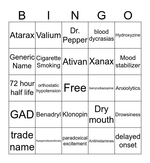 Antianxiety Medications Bingo Card