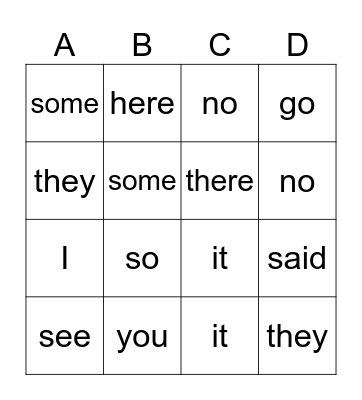 Sight Words Bingo Card