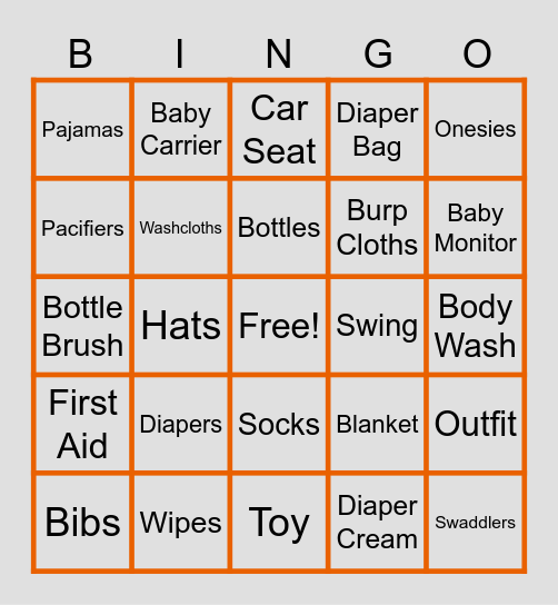Baby Showering Bingo Card