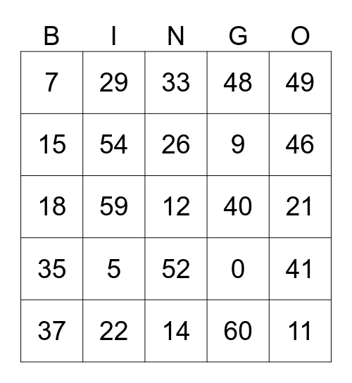 LOTO Les nombres de 0 à 60 Bingo Card