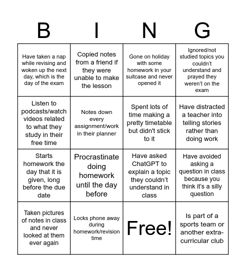 Student Experience Bingo Card
