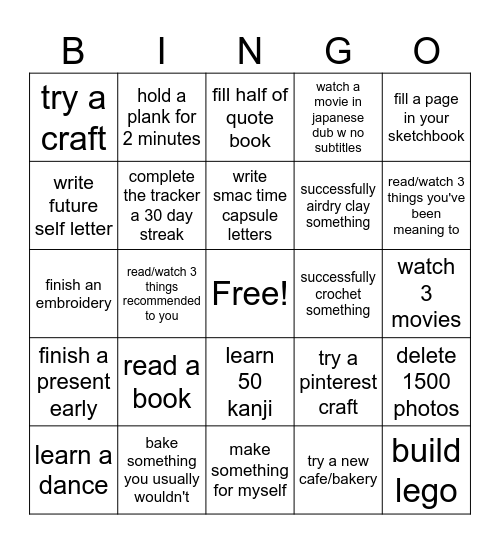 Half Year Bucketlist Bingo Card