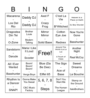 Euro-Pop Mix Bingo Card
