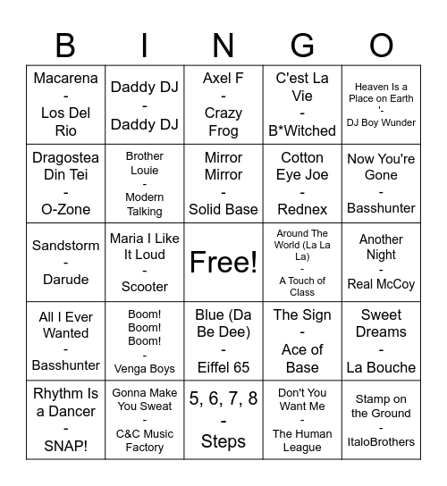 Euro-Pop Mix Bingo Card