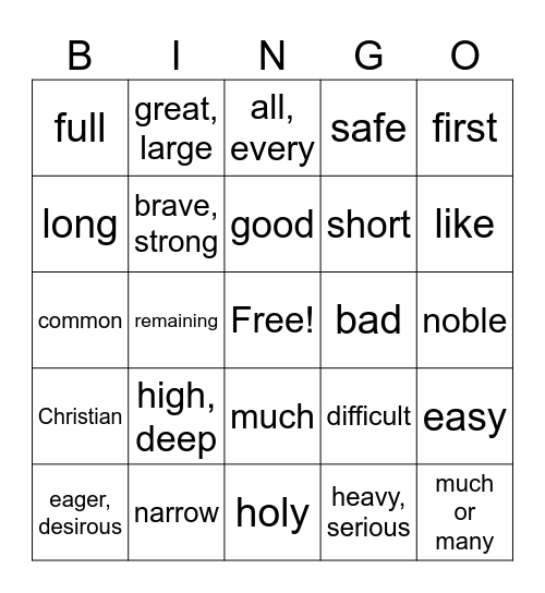 Latin Adjectives Review Bingo Card