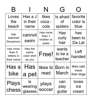 Classmate Bingo Card