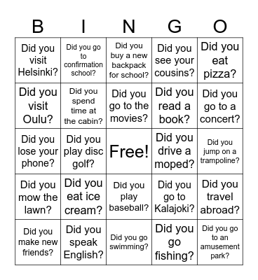 Summer holiday bingo Card