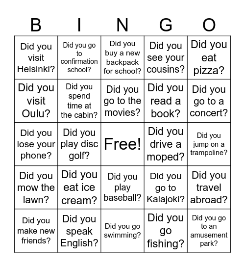 Summer holiday bingo Card