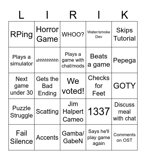 Sub Sunday Bingo Card