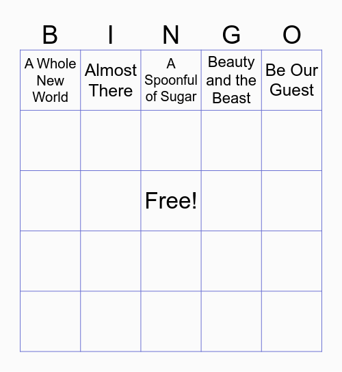 Disney/Kids Songs Bingo Card