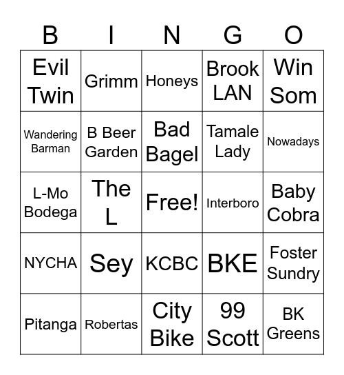 Bushwick / Ridgewood / E-Williamsburg Bingo Card