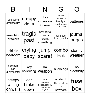 Horror Game Bingo Card