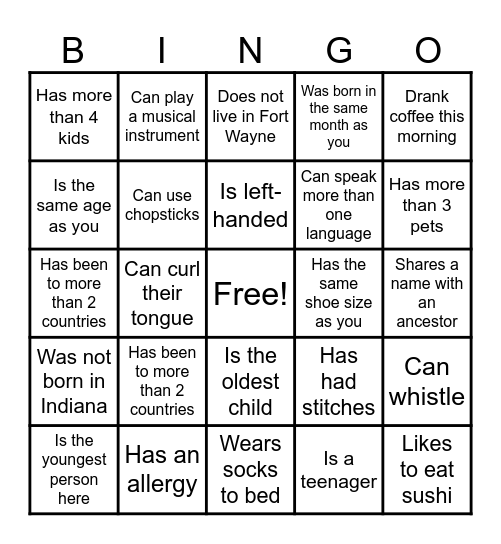 Family Camp Bingo (Find Someone Who...) Bingo Card