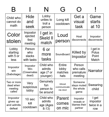 Among Us VR bingo Card