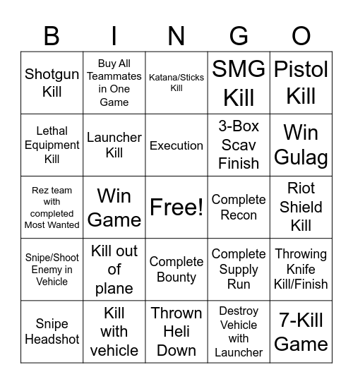 Warzone Bingo Card