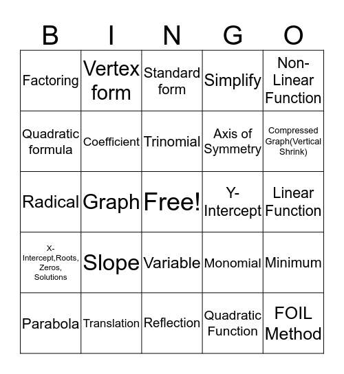 Algebra 1 Bingo Card