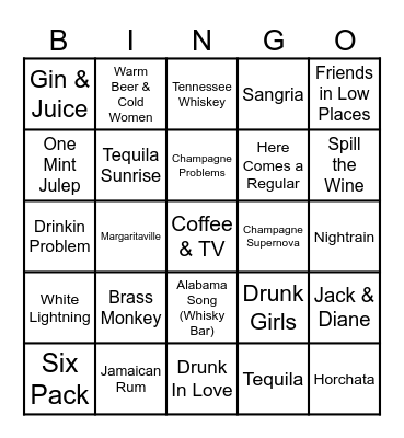 Drinking Songs Bingo Card