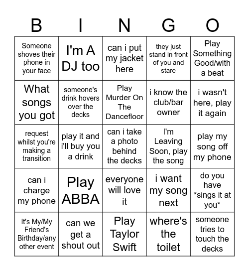 DJ Bingo Card Bingo Card