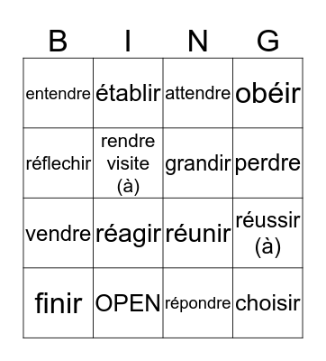 RE and IR Verbs Bingo Card