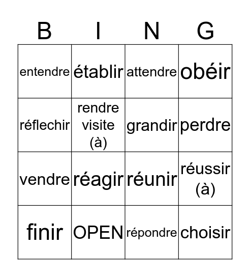 RE and IR Verbs Bingo Card