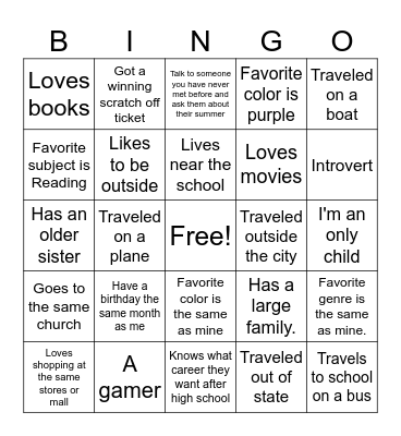 Get to know me Bingo Card