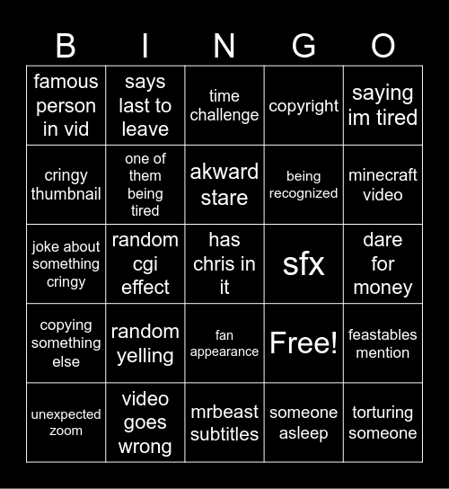 Mrbeast bingo Card