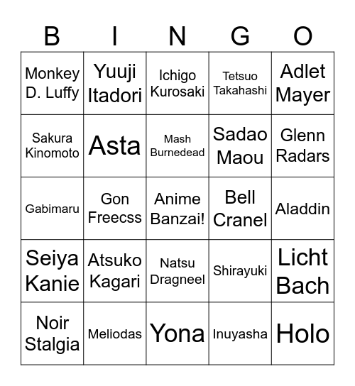 Fantasy Anime Bingo Card