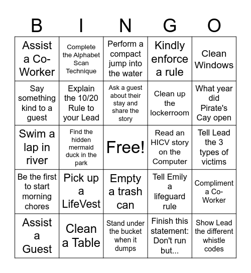 Lifeguard BINGO Card