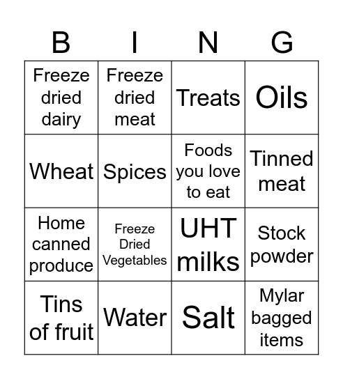 Food Storage Bingo Card