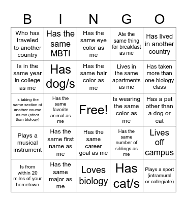 First day of BIOL 1107 - bingo Card