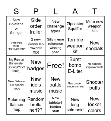 Splatoon Bingo Card