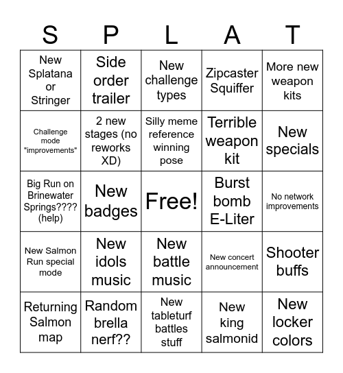 Splatoon Bingo Card