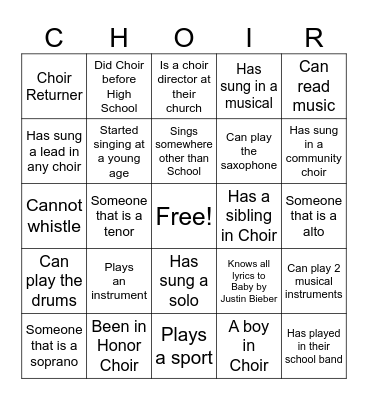 Getting to know your choir members! Bingo Card