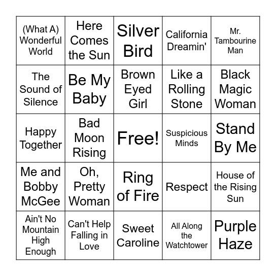 The '60s & '70s Bingo Card