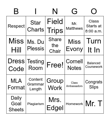 First Day BINGO Card