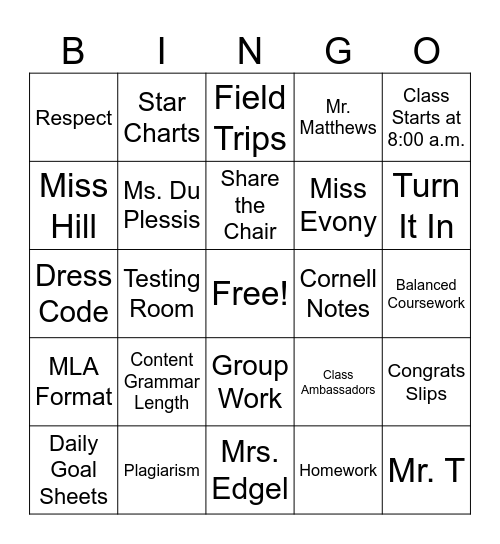 First Day BINGO Card