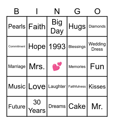 30th Wedding Anniversary Bingo Card