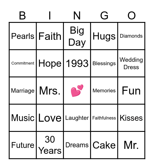 30th Wedding Anniversary Bingo Card