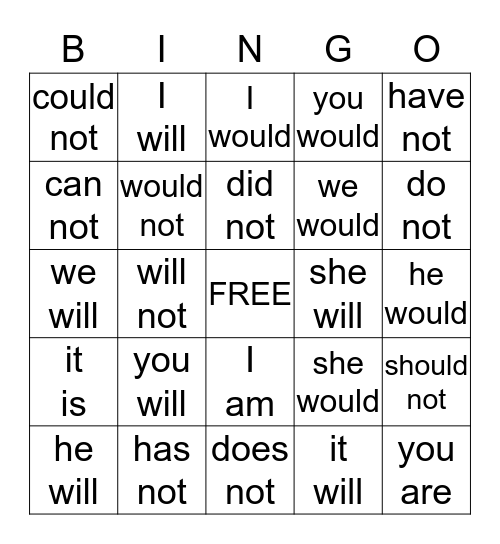 CONTRACTIONS (2 WORDS) Bingo Card