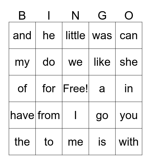 Sight Word Bingo Card