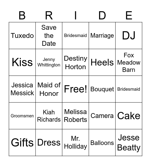 Bridal Bingo Card