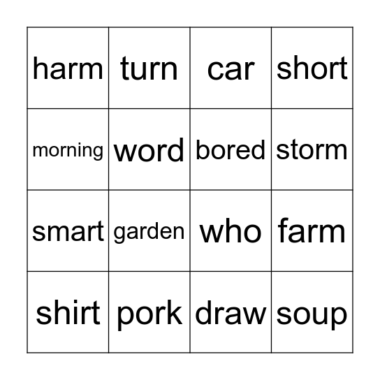 ER, IR, UR, OR, AR, AW, OO SOUND WORDS Bingo Card
