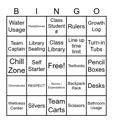 Class Routines & Procedures Bingo Card