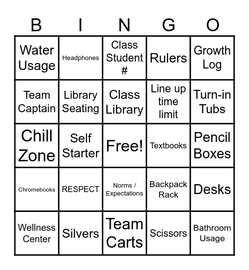 Class Routines & Procedures Bingo Card