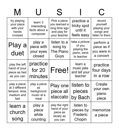 Piano Practice Bingo Card